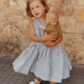 New Fashion Baby Dresses Summer Casual Dress with Nordic Style Striped Button Cotton Linen O-Neck Sleeveless A-Line Skirt