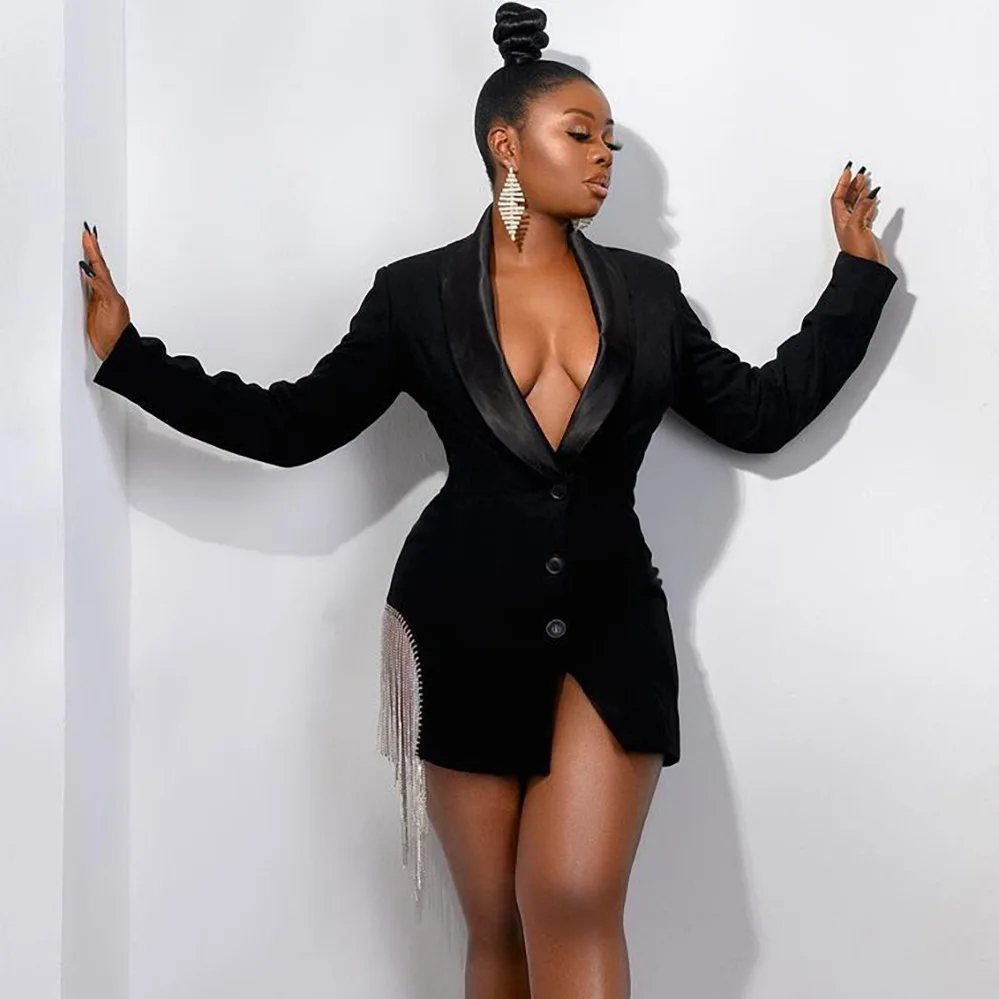 Fall Mini Dress Solid Color High Waist Slim Fit Tassel Cardigan Fashion Sexy Black Plus Size Dresses Women Office Dress