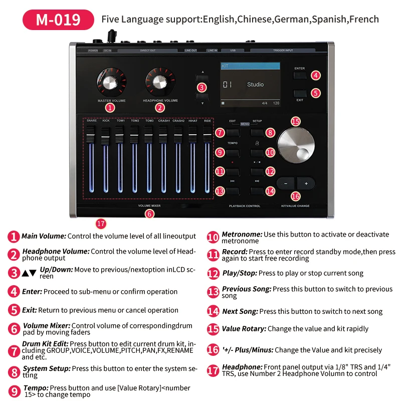 HXM XD-2000F-KM Natural Color Rack Tom Attach with Crash Cymbal Stand Electronic Drum Set Professional Electric Drum