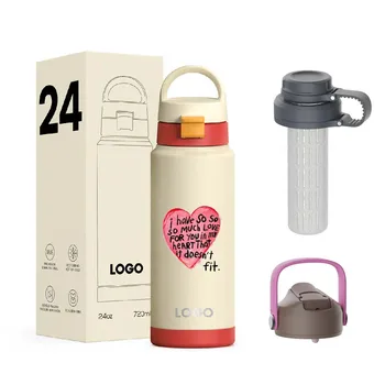 New Arrival 24oz Insulated Water Bottle Stainless Steel Heart Travel Water Bottle With Straw Lid For Beverage
