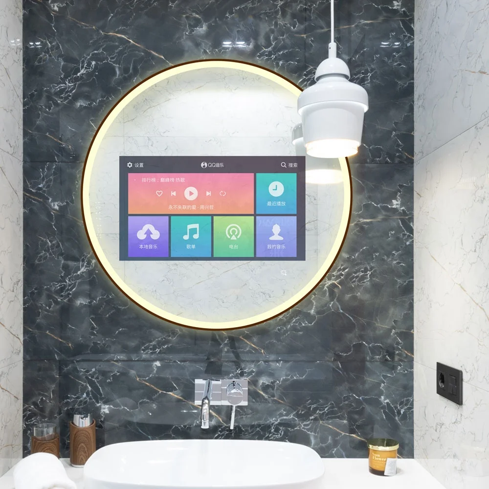 Modern Android Smart Mirror TV Magic Touch Screen LED Bathroom Vanity Illuminated Feature Aluminum Lenses Graphic Design