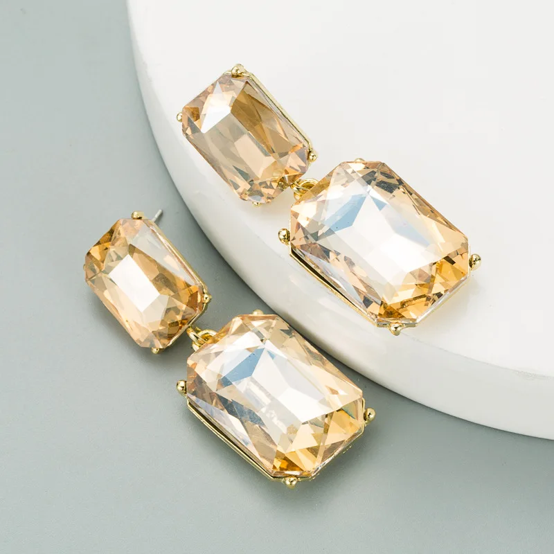 Simple Geometric Shape Inlaid With Colored Glass Diamond Earrings Long Bohemian Wholesale square Gemstone Dangle Stone Earrings