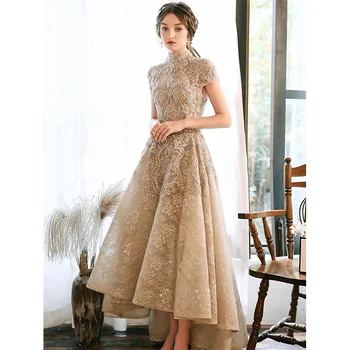 Luxury Khaki Lace Evening Dresses High Neck A-Line Long Short Beads Formal Party Ceremony Celebrities Prom Gowns New