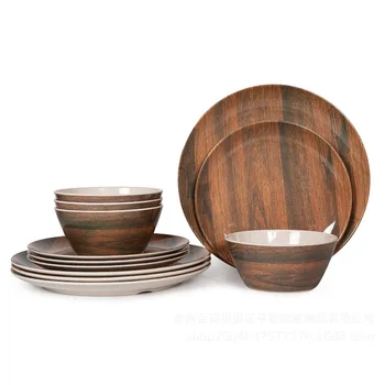 Classic Vintage Wooden Design Round Plastic Cheap Wholesales Melamine Tableware Dinner Set
