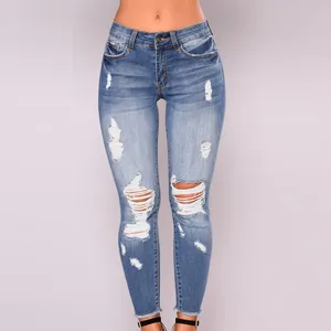 Women Stretch Ripped Distressed Skinny High Waist Trousers Ladies Spring Autumn Wear Casual Jeggings Shredded Jeans Denim Pants