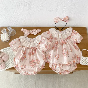 2024 New baby clothes summer baby girl triangle jumpsuit girl Short Sleeve lace collar suit sisters outfit