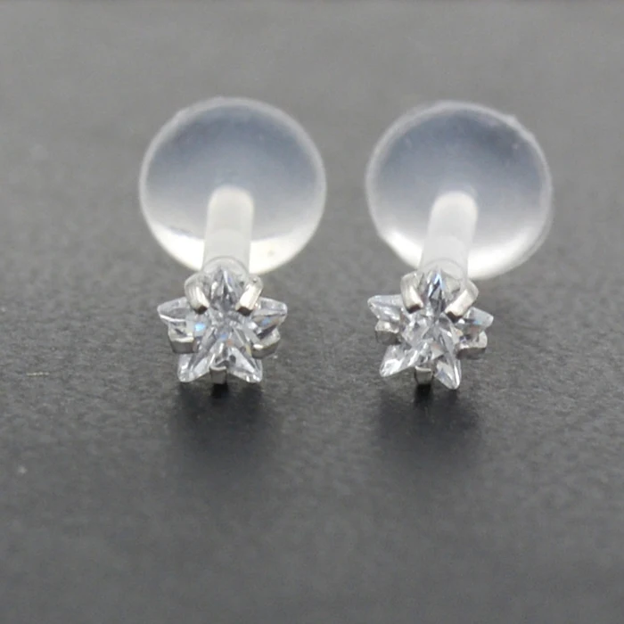 PTFE BioPlastic Flexible  Push in 16g Internal Thread Labret Jewelry with Star  CZ Gems
