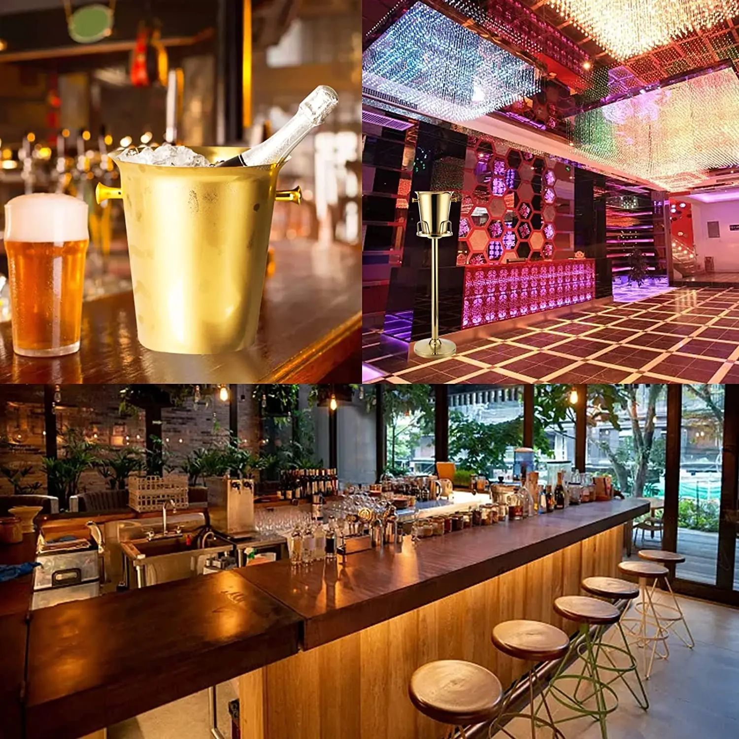 Ice Bucket With Stand Stainless Steel Standing Hammered Gold Ice Bucket