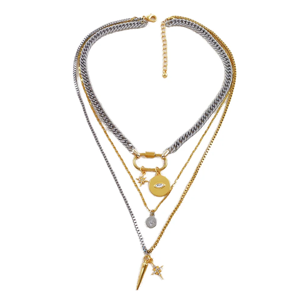 Wholesale Rhinestone Jewelry Multi Layer Link Chain Alloy Charms Open Carabiner Stainless Steel Set Bracelet Necklace for Women