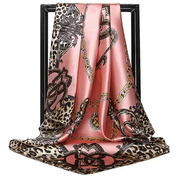 Chain Leopard Printed Silk Satin Scarf for Women Hijab Luxury Brand Design 90*90cm Square Scarf Shawl Malaysia Head Hijab Scarfs