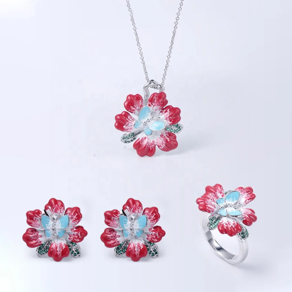 high-end jewelry set ladies jewelry set wedding birth flower ring necklace earrings lotus flower ring pendant necklace earrings