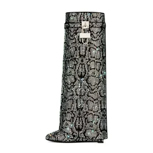 2023 Autumn/Winter New Lace-Up Boots Pointed Toe Wedge Cross-Border Trade Women's Plus Size High Top High Heel Long Boots