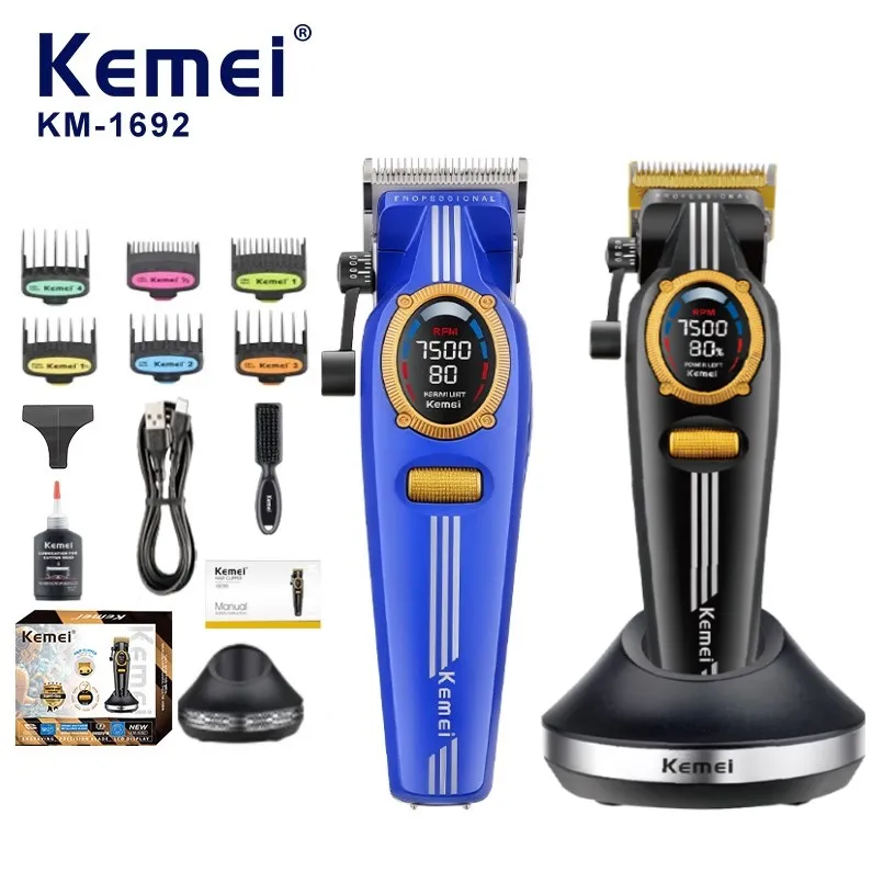 Tondeuse à cheveux sans fil Kemei Km-1692, 2500 mAh, lame en céramique réglable, 9000 tr/min, 11 vitesses, tondeuse métallique pour cheveux avec station d’accueil, conforme à la norme ROHS