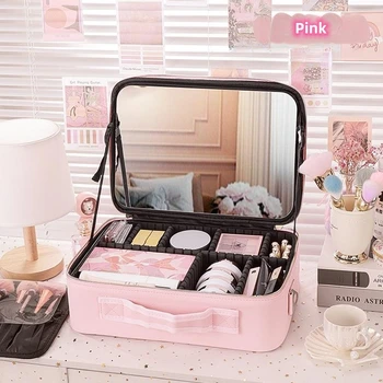 Portable Luxury Travel Boxes Professional Cosmetic Organizer Bag Led Makeup Case with Lights Silver Square Cosmetic Mirror