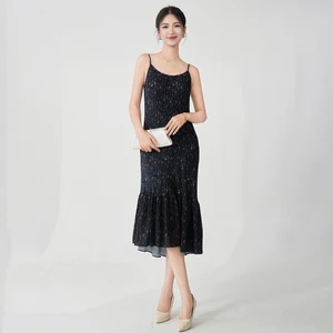 Women's Elegant Dress High Quality Elastic Loose Floral Suspender Dress Miyake Pleated Dress Seaside Holiday Style