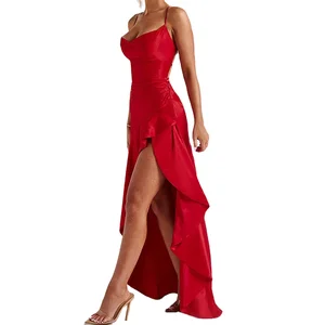 Custom High Quality Sexy Satin  Dress Spaghetti Strap Asymmetrical Ruffles Split Backless Sleeveless  Dress