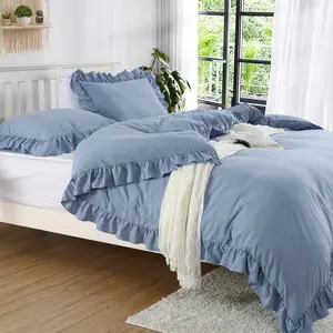 Queen Size Ruffle Duvet Cover, Super Soft Washed Microfiber Duvet Cover Set