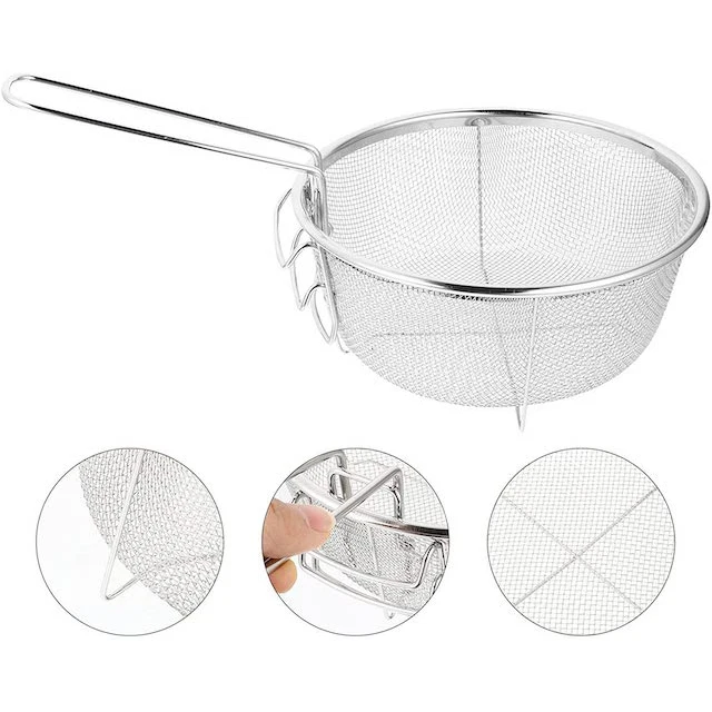 Stainless Steel Deep Fry Basket Fried Basket, Round Fryer Basket, Deep Wire Strainer for Frying, Oil Drainer Strainer Tool with Handle, Ideal for