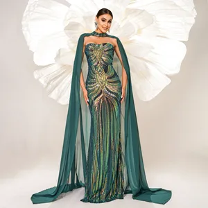 Emerald Green Luxury Sequin Mermaid Evening Dress for Women Elegant Formal Party Wear Flowy Cape Elegant Women's Evening Dresses