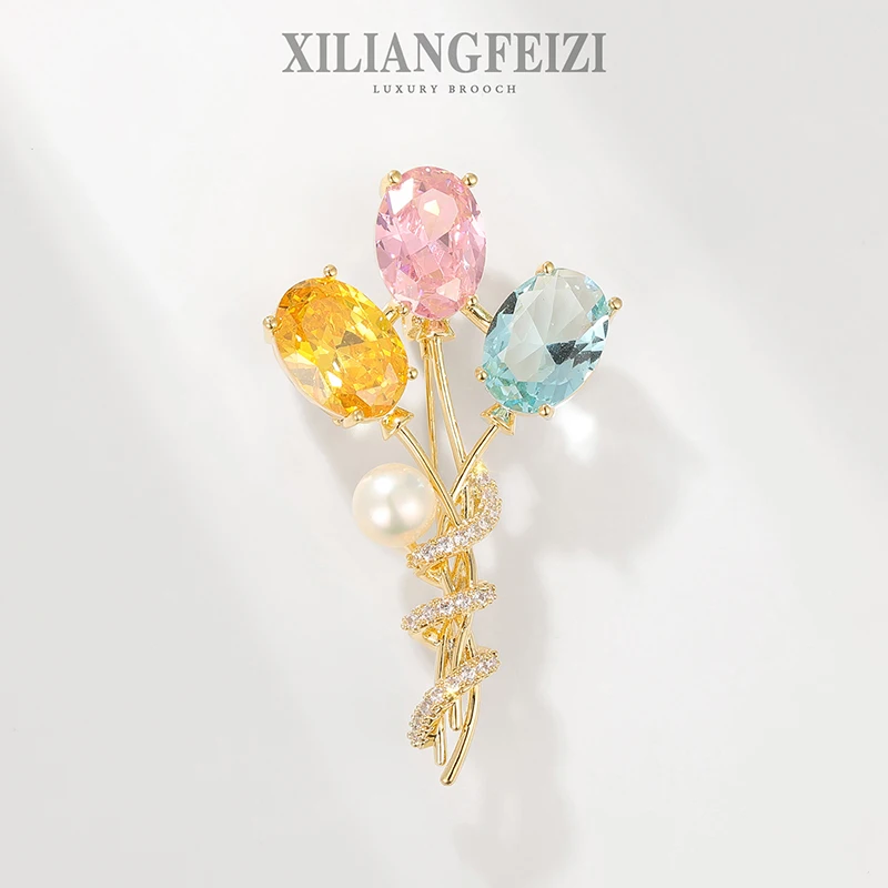 XILIANGFEIZI 2022 Creative Design Zircon 18K Gold Colorful Bouquet Balloon Brooches for Gift