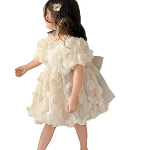 New Arrival 3D Follower Embroidery Pattern Floral Casual Style Baby Dress for Girls Knee-Length for Spring Summer Parties
