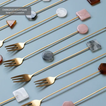 Pink gray brown white acrylic long handle Moon Cake Knife And Water cake desert Fork flatware 18/10 coffee stir steel stick