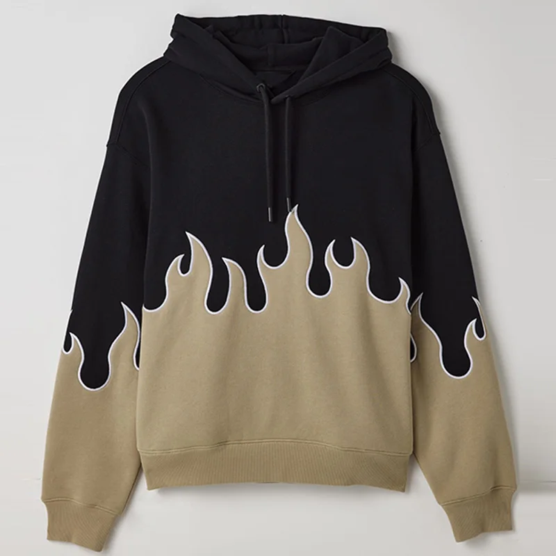 New Fashion Flame Bulk Hoodies Custom High Quality Embroidery Patchwork  Streetwear Heavy Weight Mens Hoodie