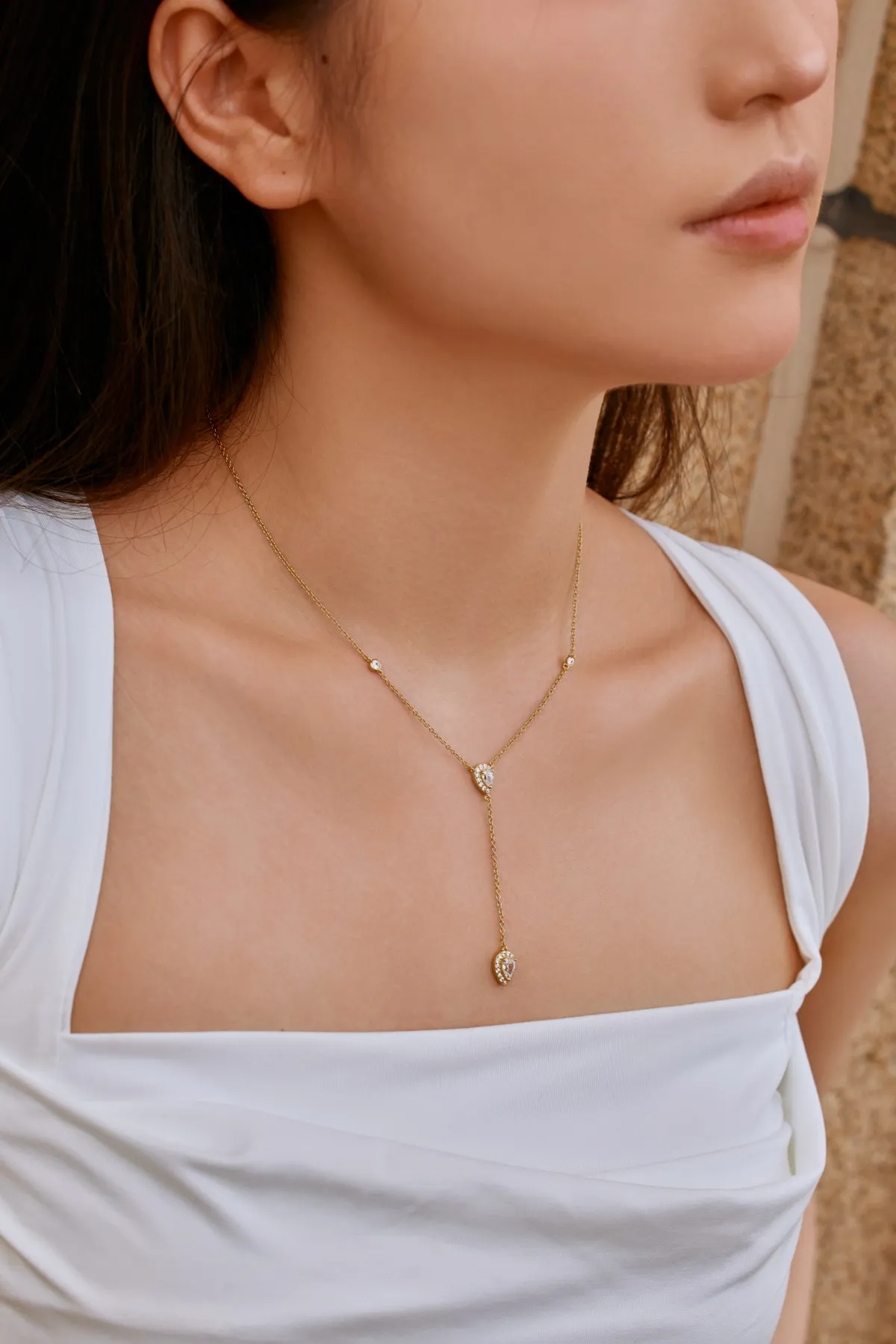 KAKODIY 18K Gold Plated 925 Sterling Silver Y Shape Necklace Marquise Pear Shape Zircon Zirconia Pendant Women's Charm Necklace detail 1