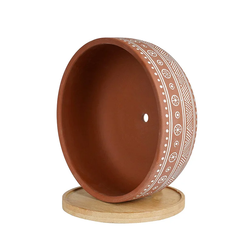Terracotta Succulent Planter Pot with Bamboo Tray, Round Shallow Bonsai Pot