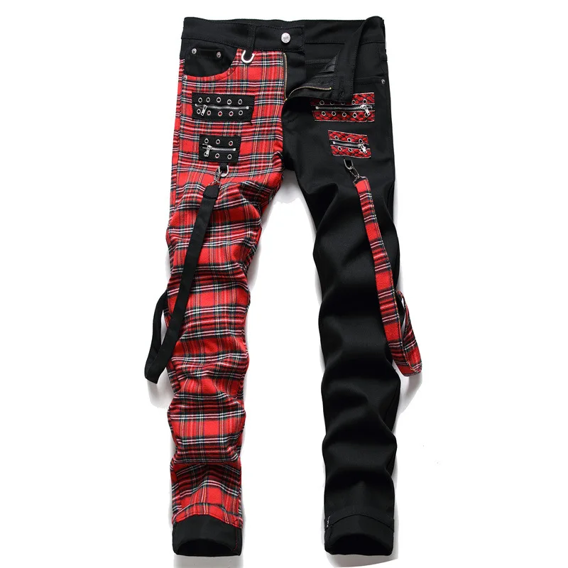 Custom New 2024 Fashion Stitching Color Matching Black Men's Jeans Red Plaid Stitching Non-elastic Jeans Pants factory