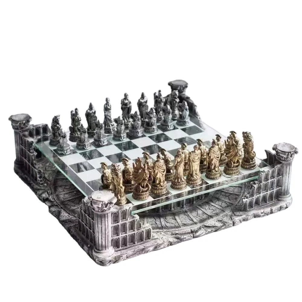 Black Dragon Chess Set Glass Board w/ Polyresin Base 
