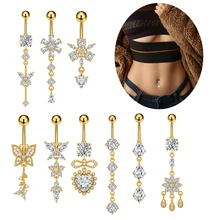 Set 10 14G Stainless Steel Body Piercing Navel Rings Surgical Steel Externally Threaded Flower Crystal Belly Button Dangle Studs
