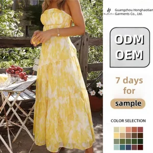 ODM Custom Floor-Length Woven Women's Elegant Casual Dresses Floral Pattern A-Line Silhouette Linen/Cotton Material Summer
