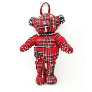 Customized 3D Plush Cartoon Bag Black Plaid Punk Bear Backpack Punk Star Patch Leather Little Bear Bag