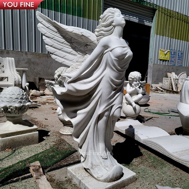 Garden Decor Life Size Stone Carving White Marble Winged Angel ...