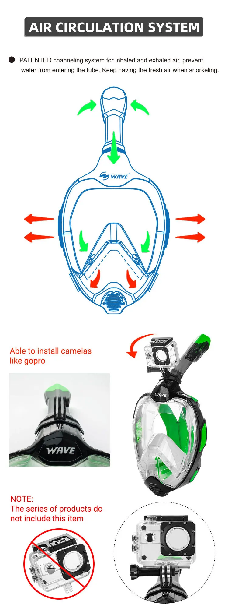 Wave Diving Mask Scuba Diving Dry Snorkel Swim Mask With Underwater Camera Mount 180 Degree View