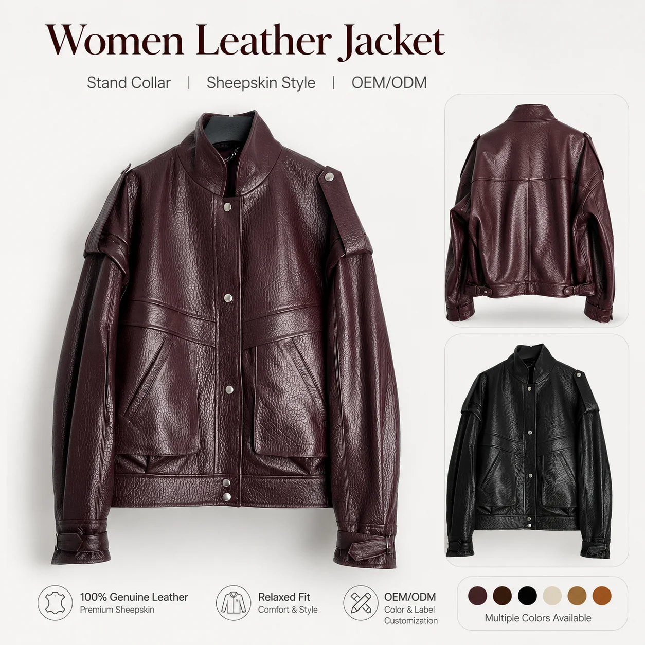 Genuine Leather Sheepskin Jacket Small Stand Collar Niche Design Pocket Shape China Spring European-American Style