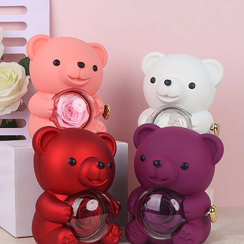 Newly Designed Hot Rotating Bear Shape Eternal Flower Jewelry Box Preserved Rose Necklace Ring Storage Box Valentine's Day Gift