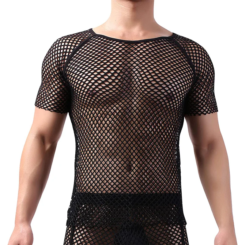 Mens Pink T Shirts Mesh Tank Top Muscle Tee White Sheer