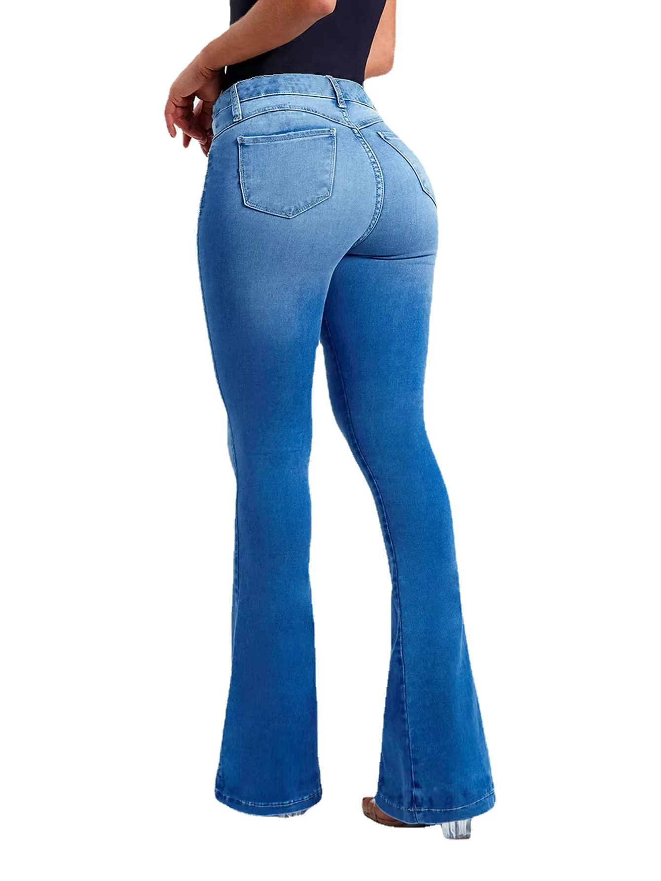 Оптовық сатыс: Жаңа моделді, үлкен өлшемді деним шалбарлар, түймелері бар, кәдімгі стилдегі шалбарлар, жоғарғы белді, төменгі бөлігі кеңейген шалбарлар — әйелдерге арналған деним шалбарлар