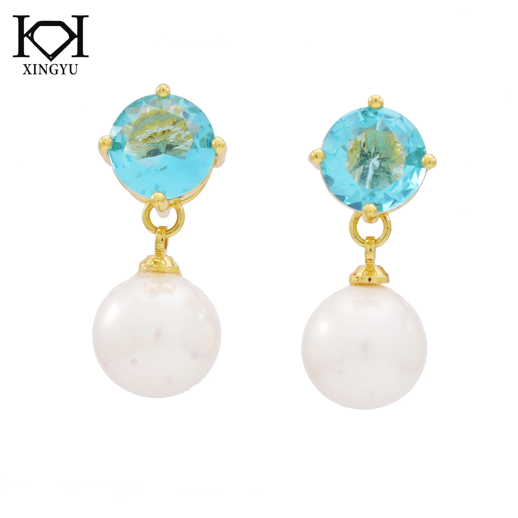 Fashion Round Shell Earrings Gold Plated Pink Blue Stones Long Earrings