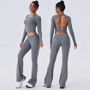 Custom Logo New Design GYM Sport Wear Fitness Workout Long Sleeve Tank Top Women Yoga Flares Pants Set Yoga Leggings