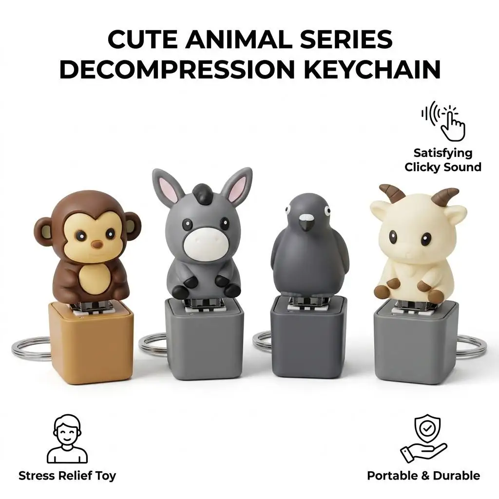 Cute Animal Mechanical Switch Fidget Toy Keyboard Clicker Sound Decompression Keychain Stress Relief Sensory Toy Bulk Gift