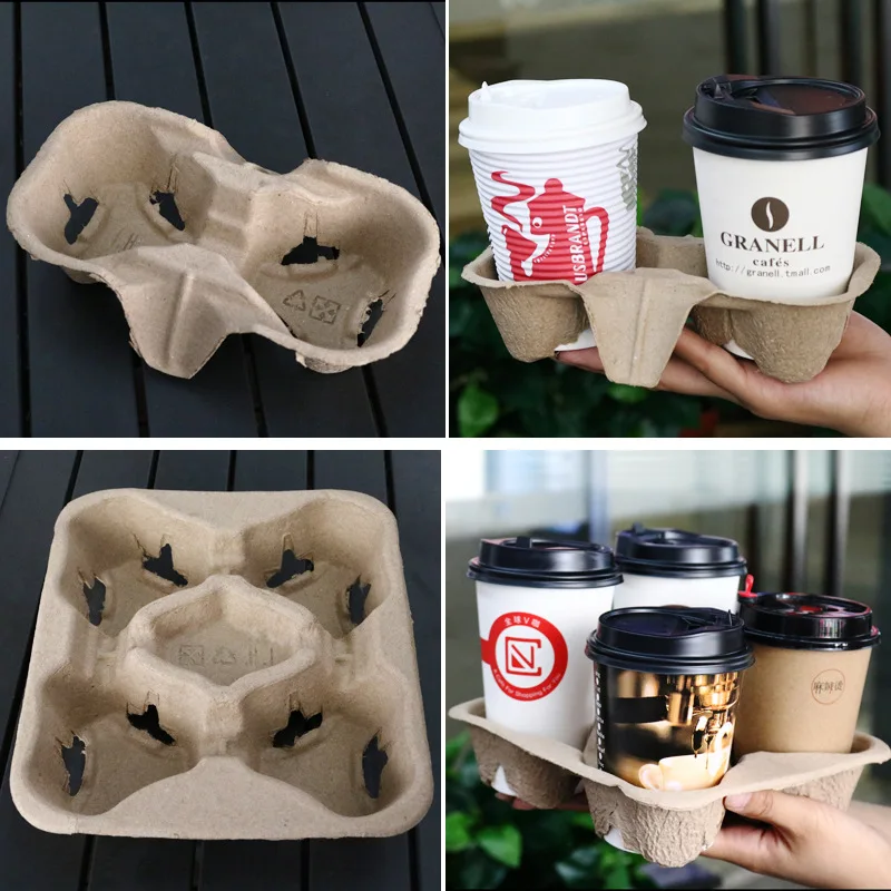 2-4 Cup Disposable Clip-On Paper Pulp Fiber Carrier Takeaway Utility Coffee Drink Tray for 8-32 oz Custom Logo for Carton Use details