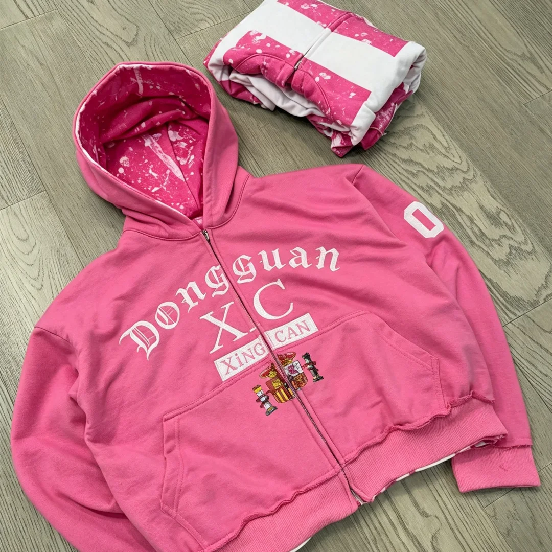 Dostosowany męski odwracalny bluza z kapturem na zamek z gotyckim haftem i nadrukiem w stylu rozprysku – dwustronna bluza z kapturem na zamek, producent odzieży ulicznej