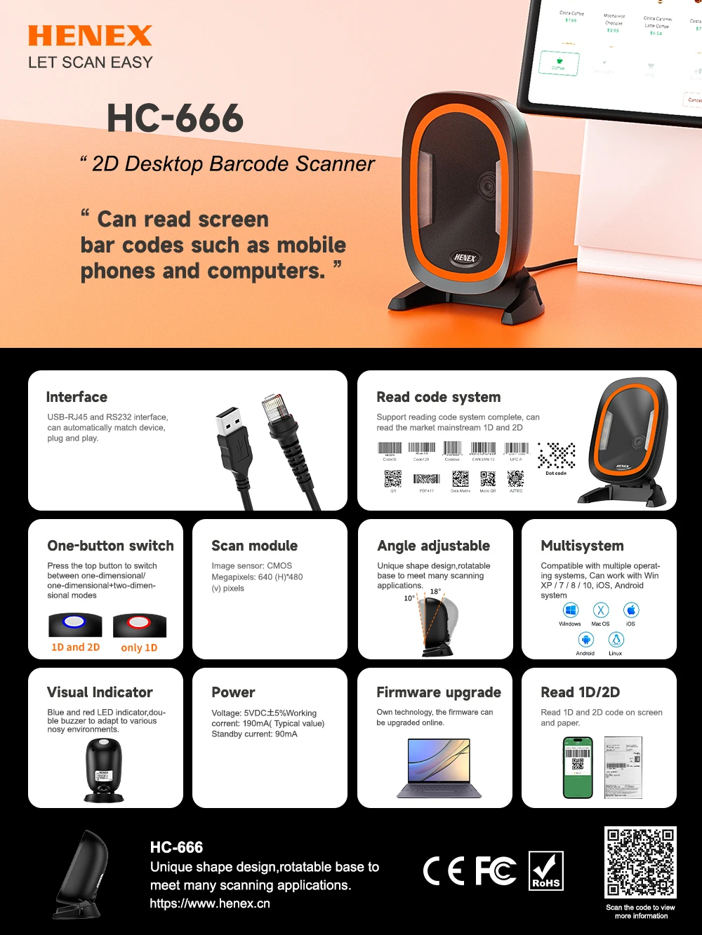 Henex HC-666 Desktop Barcode QR Code Scanner - Zebra DS9308