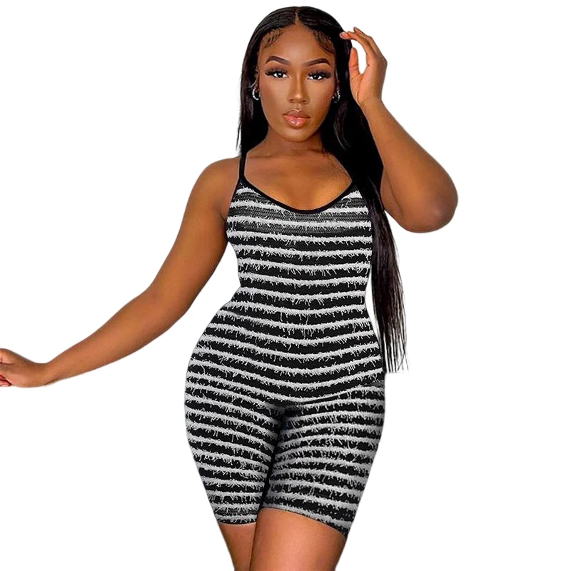 Kliou K23q27981 Striped Patchwork Ladies Jumpsuit Stacked Knitted Sexy