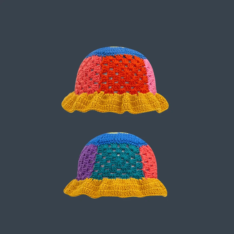 Wholesale Sweet Flower Crochet Hand Knit Bucket Hat Vintage Flower Cotton Hand Knitted Hollow Fisherman's Hat