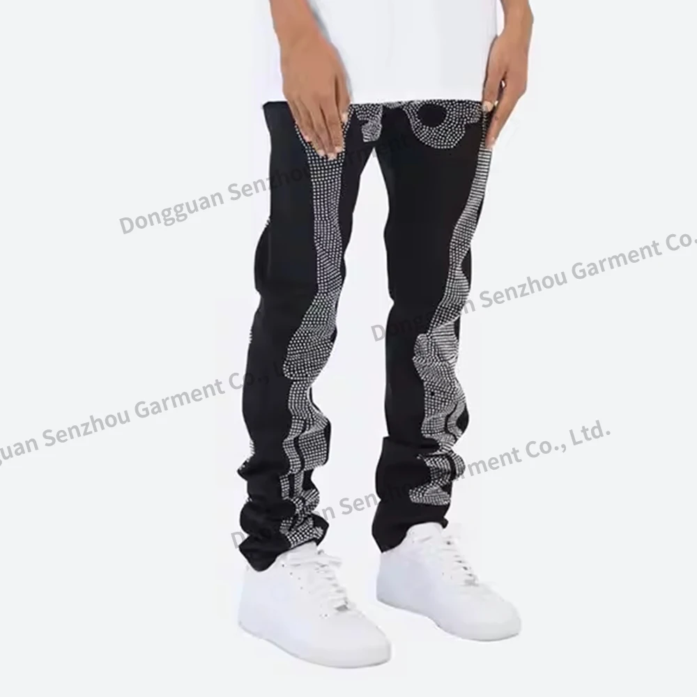 Factory Custom Men's Stacked Skeleton Pants Rhinestones Washed Cotton ...