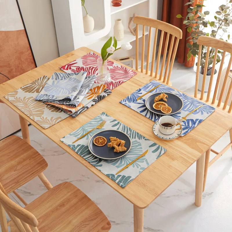 Nordic Style Dingin Table Jacquard Placemat Linen Cotton Restaurant Table Mats with Leaves Pattern
